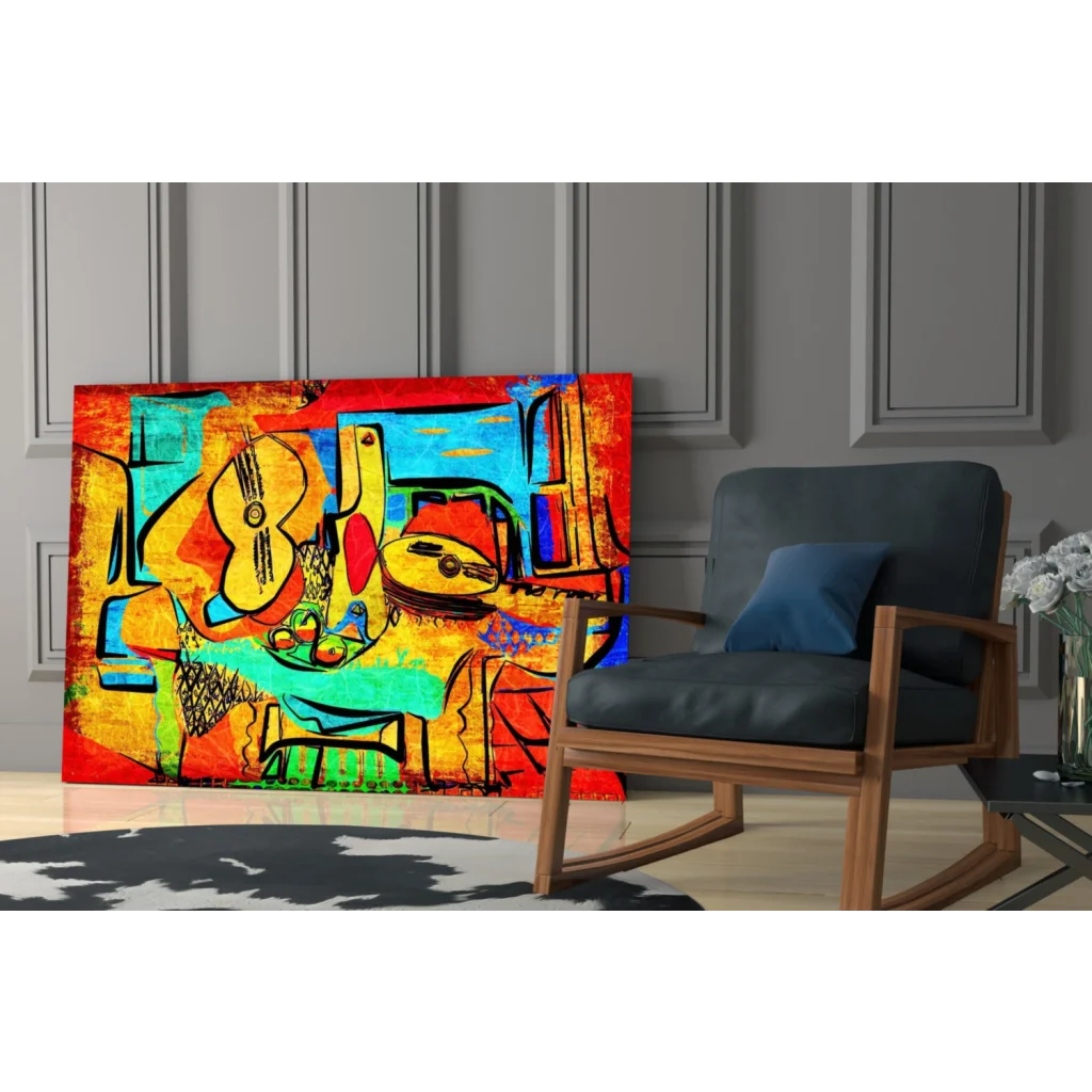 Vibrant glass wall art with abstract painting of musical instruments
