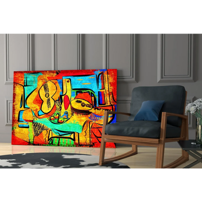Vibrant glass wall art with abstract painting of musical instruments