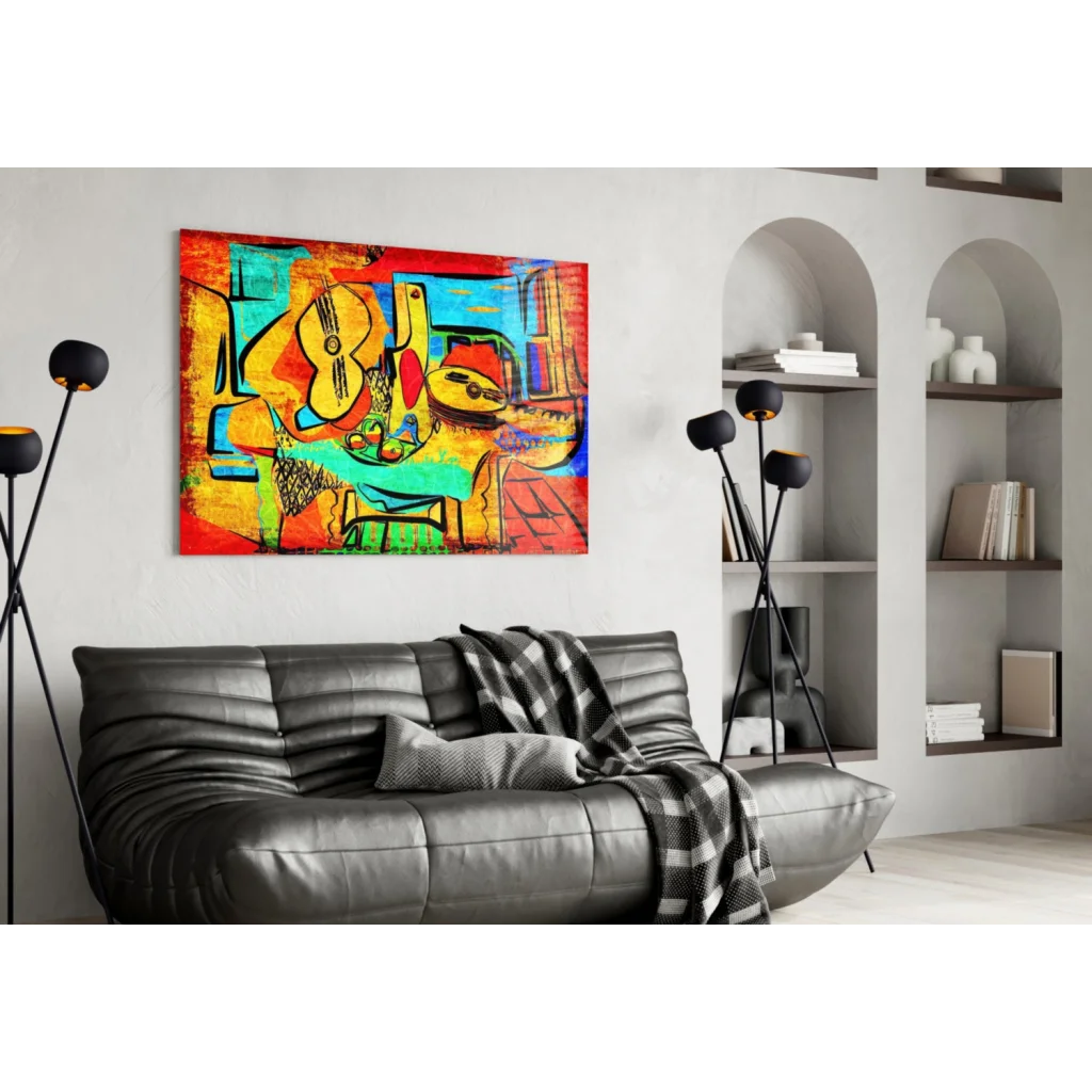 Vibrant glass wall art with abstract guitars in bold hues for modern homes