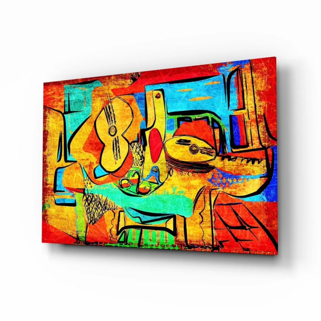Vibrant glass wall art with red, blue, yellow geometric shapes and musical instruments