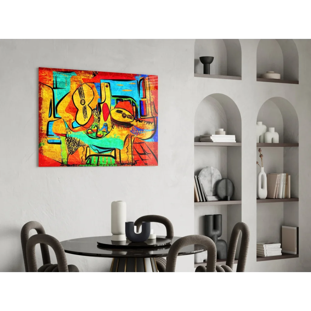 Vibrant glass wall art of abstract painting with bold hues and musical instruments