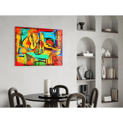Vibrant glass wall art of abstract painting with bold hues and musical instruments