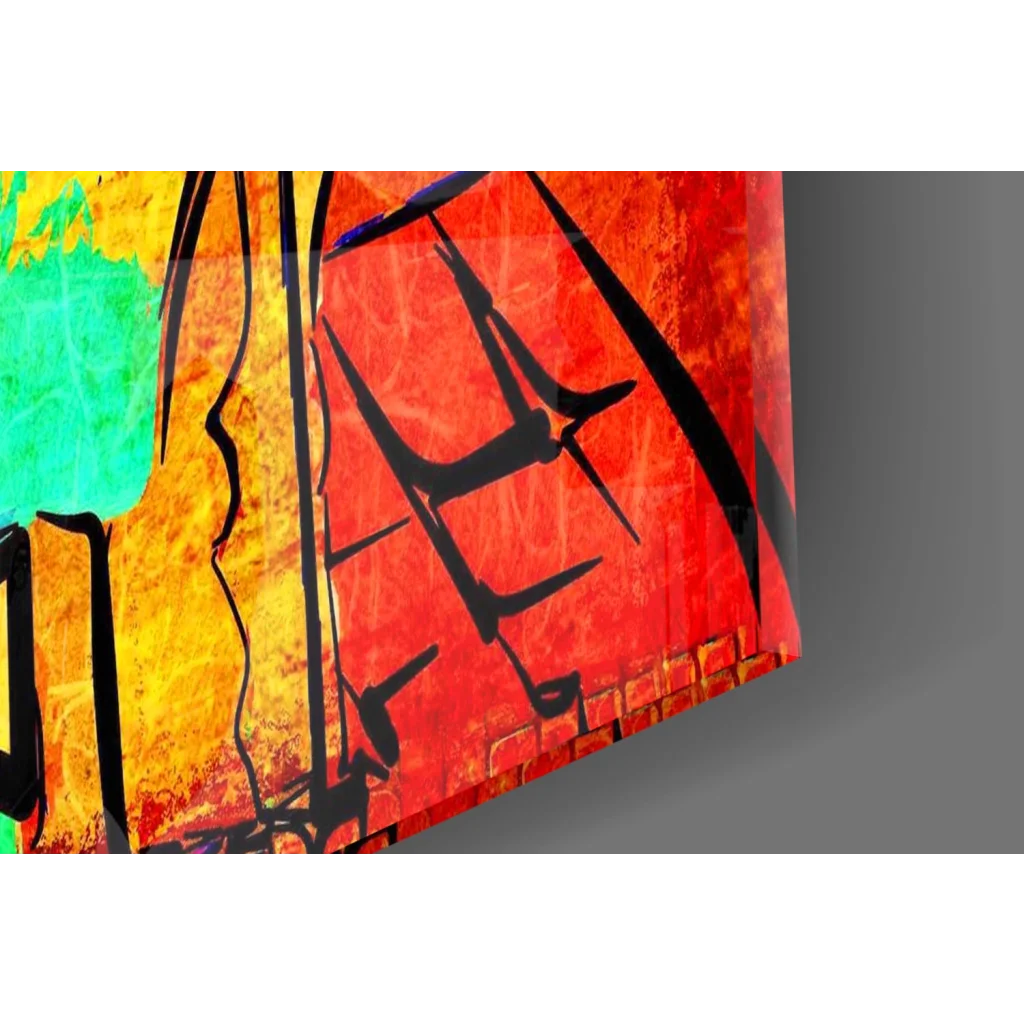 Vibrant glass wall art with bold black graffiti on fiery red, orange, teal background