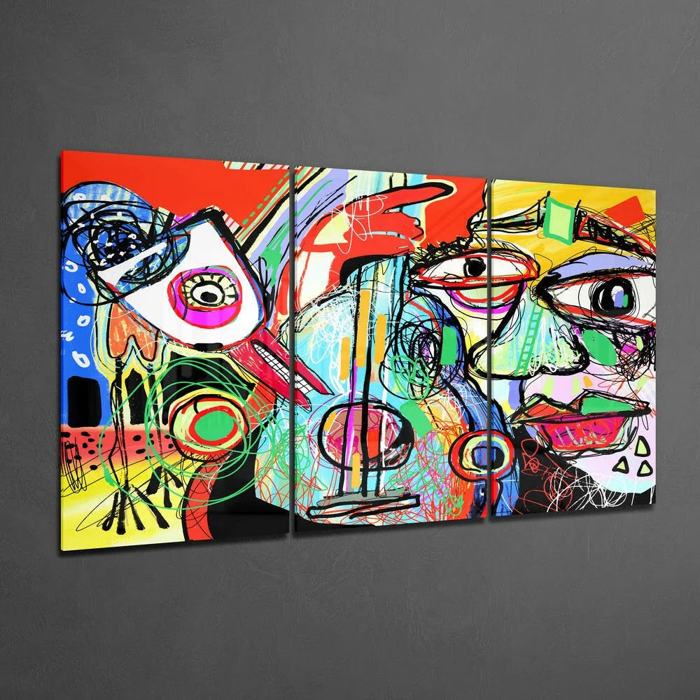 Vibrant bold faces triptych canvas wall art in electric colors