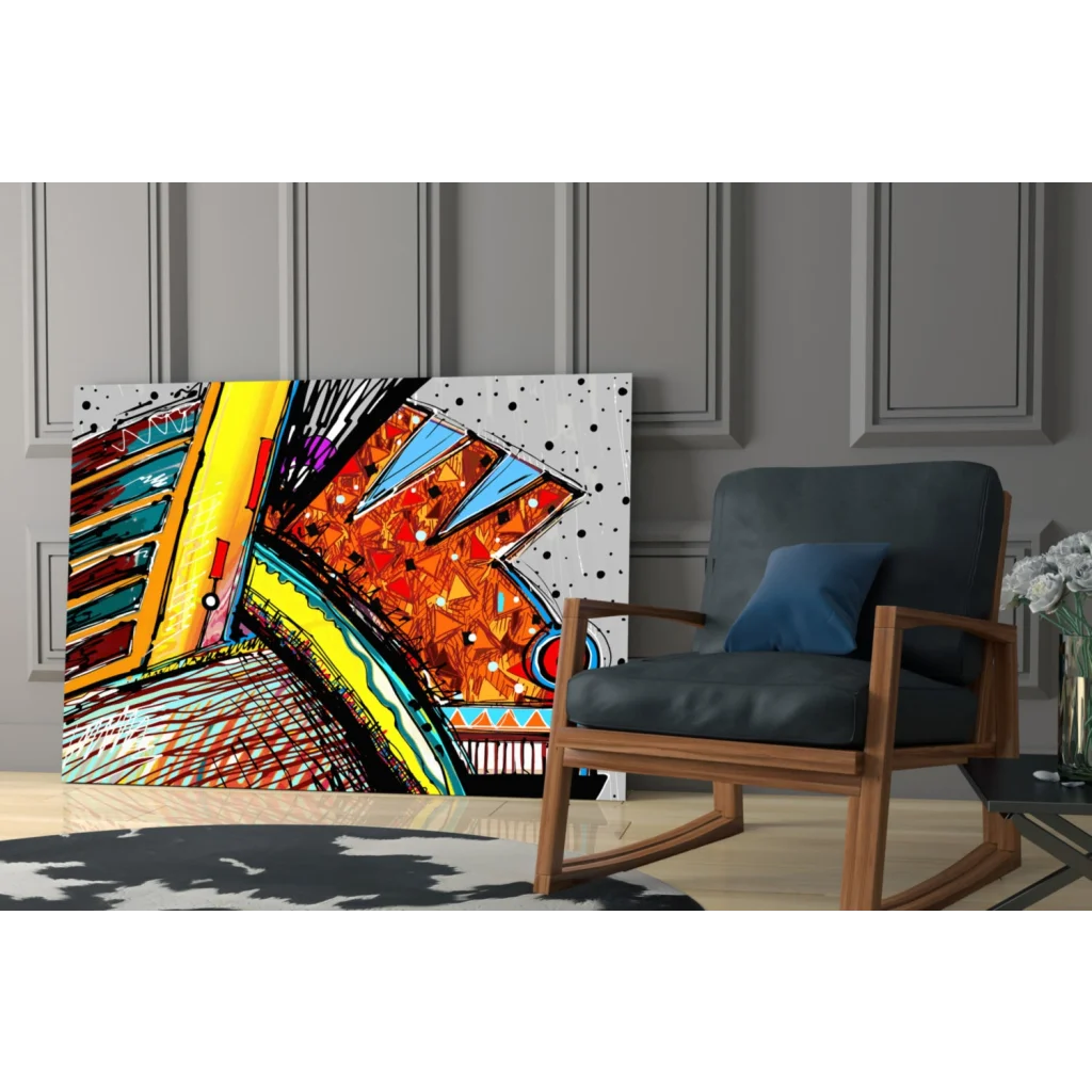 Bold geometric abstract wall art canvas with vibrant yellow, orange, blue shapes