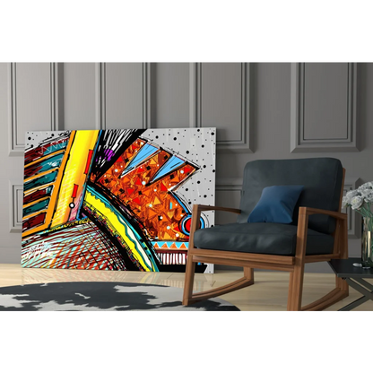 Bold geometric abstract wall art canvas with vibrant yellow, orange, blue shapes