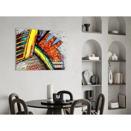 Vibrant geometric wall art canvas with bold pop colors in yellow orange red blue black