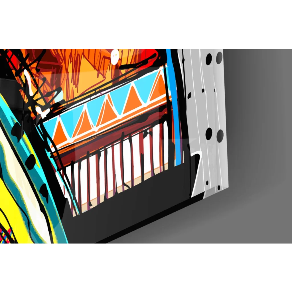 Vibrant geometric wall art on glass with bold orange blue patterns
