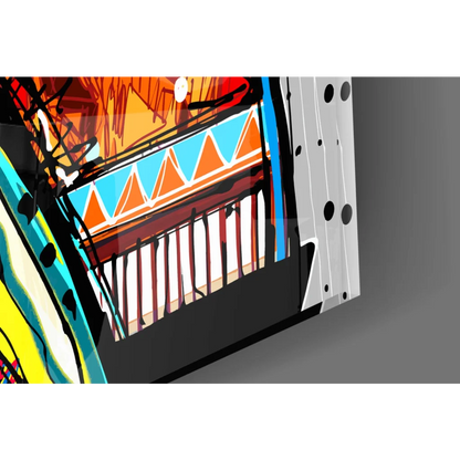Vibrant geometric wall art on glass with bold orange blue patterns