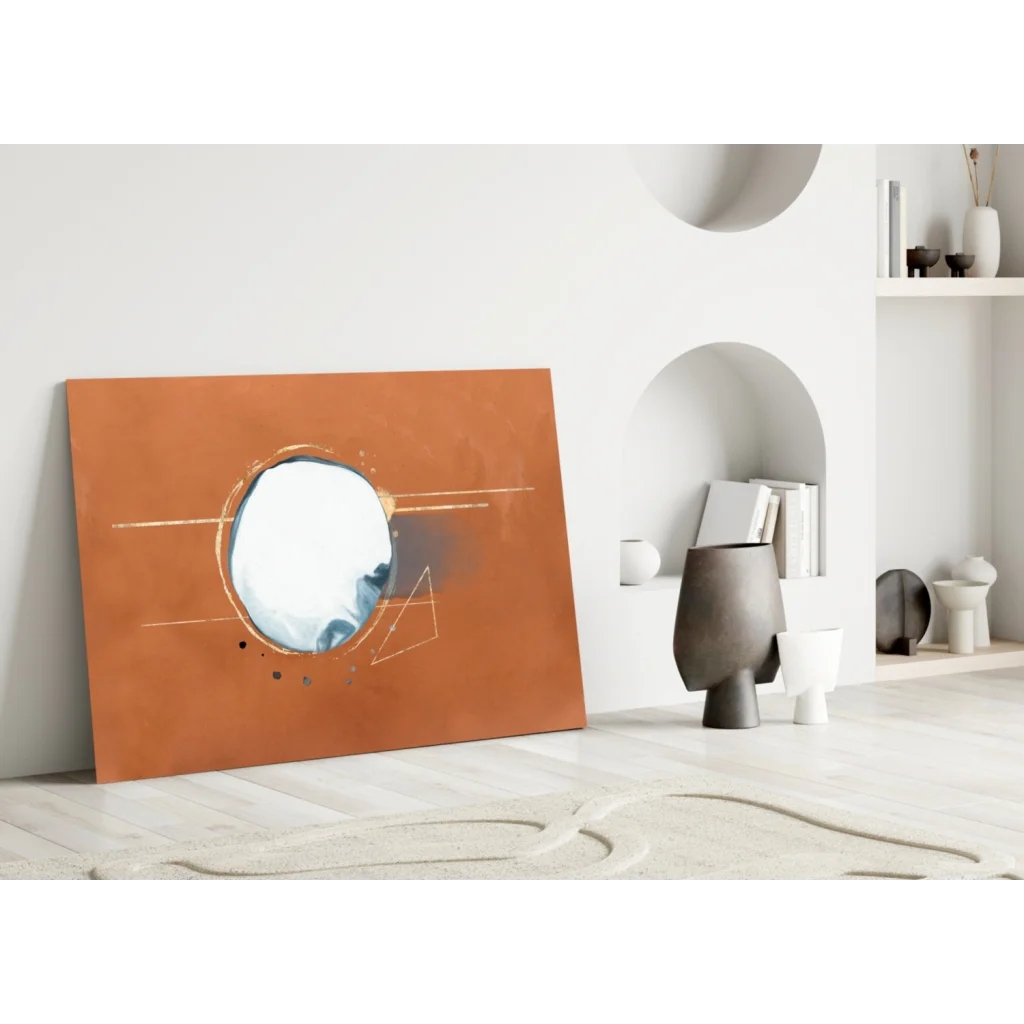 Terracotta abstract glass wall art with gold geometric mirror circle