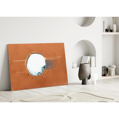 Terracotta abstract glass wall art with gold geometric mirror circle