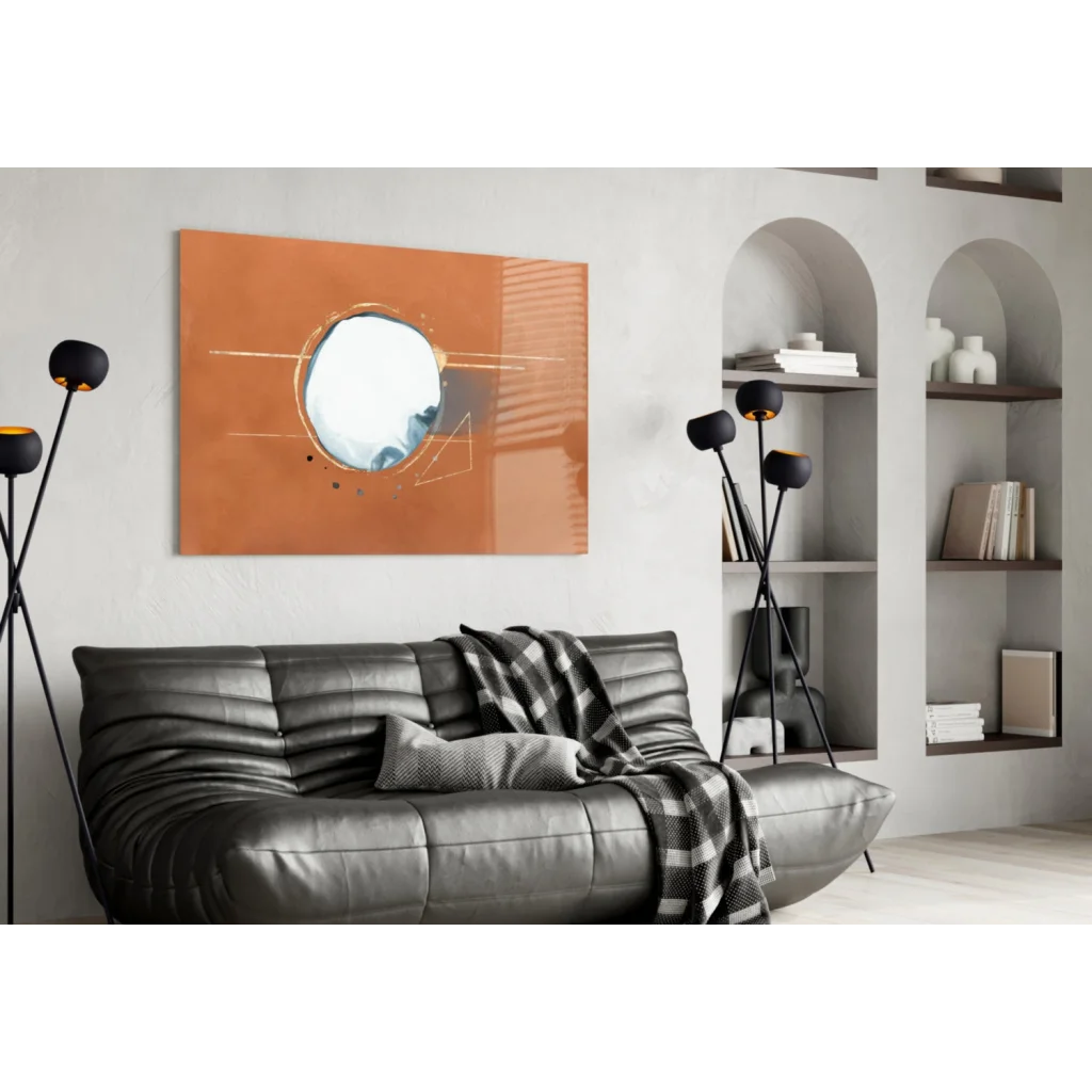 Terracotta abstract glass wall art with gold geometric mirror circle