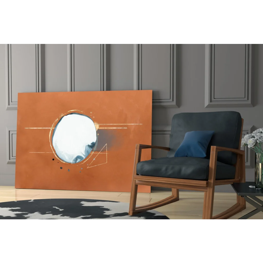 Terracotta abstract glass wall art with gold geometric mirror circle