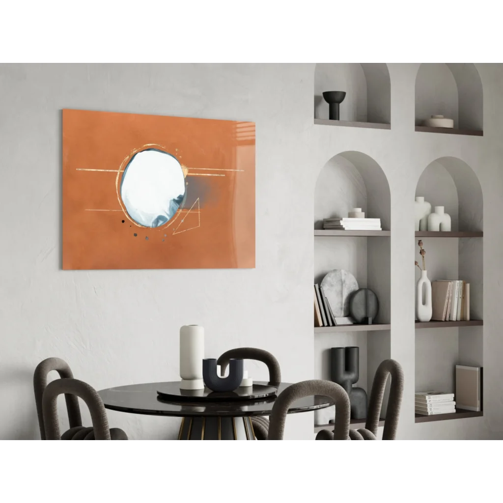 Terracotta abstract glass wall art with gold geometric mirror circle