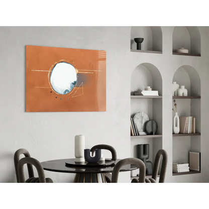 Terracotta abstract glass wall art with gold geometric mirror circle