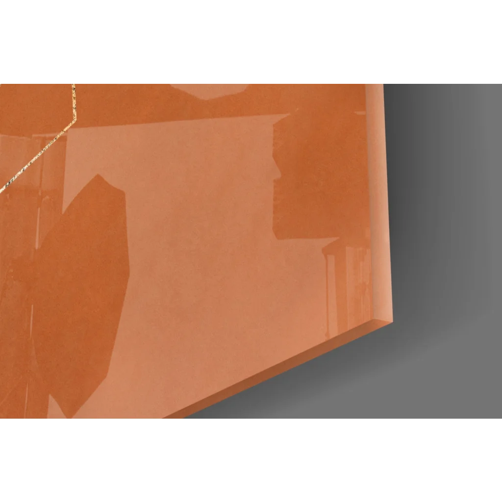 Sleek translucent orange glass wall art with gold geometric mirror circle