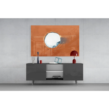 Terracotta glass wall art with orange abstract canvas and gold geometric mirror circle