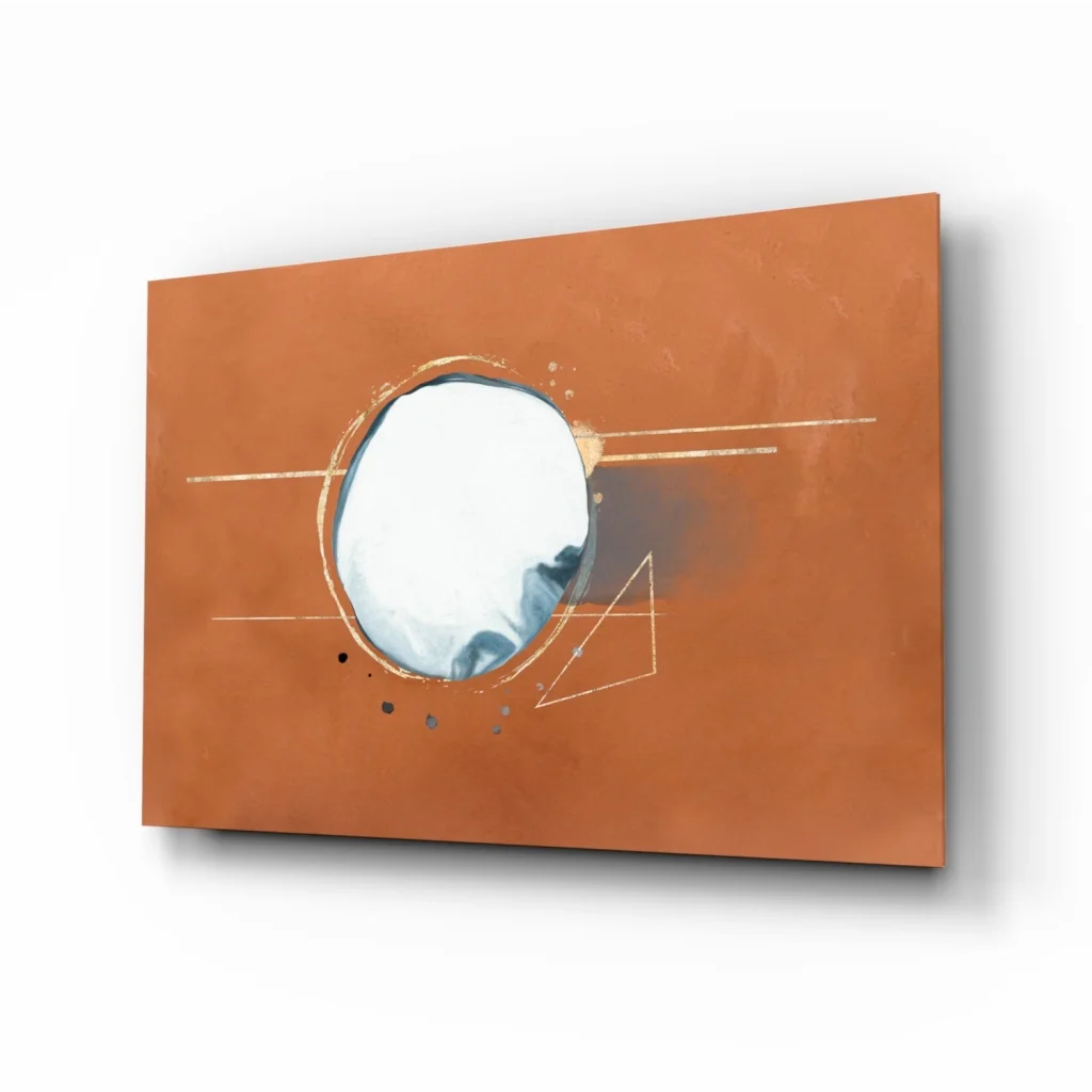 Terracotta glass wall art with gold geometric mirror circle and abstract orange lines
