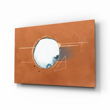 Terracotta glass wall art with gold geometric mirror circle and abstract orange lines