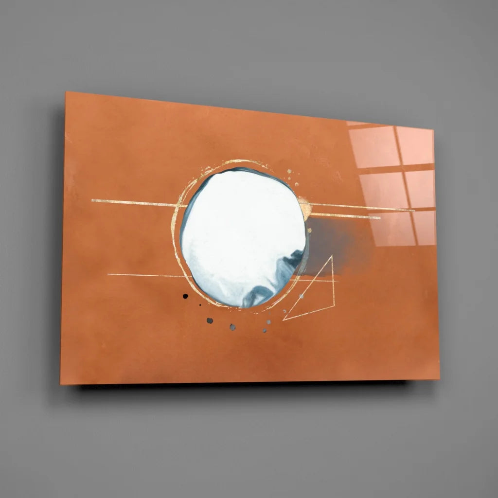 Terracotta abstract glass wall art with gold geometric mirror circle