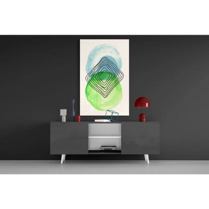 Teal watercolor circles glass wall art with concentric black lines