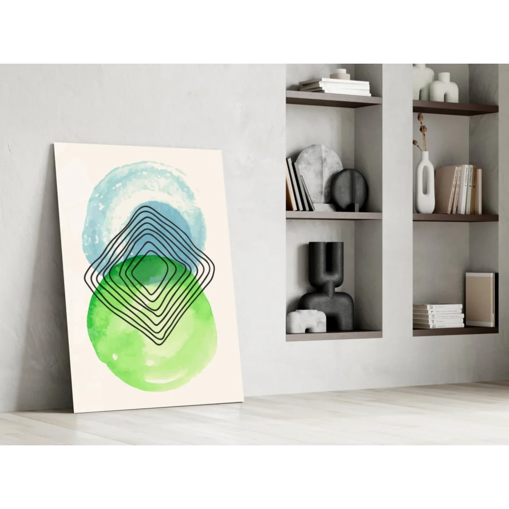 Modern teal watercolor circles glass wall art canvas with black concentric lines