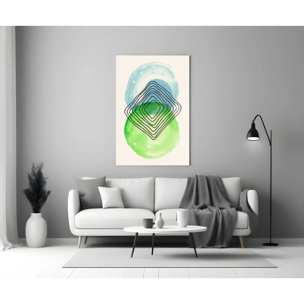 Teal watercolor circles glass wall art with black lines on white canvas