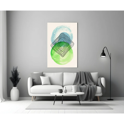 Teal watercolor circles glass wall art with black lines on white canvas