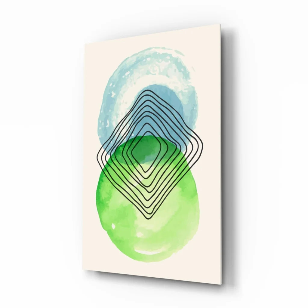 Teal watercolor circles glass wall art with black lines on cream background