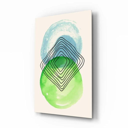 Teal watercolor circles glass wall art with black lines on cream background