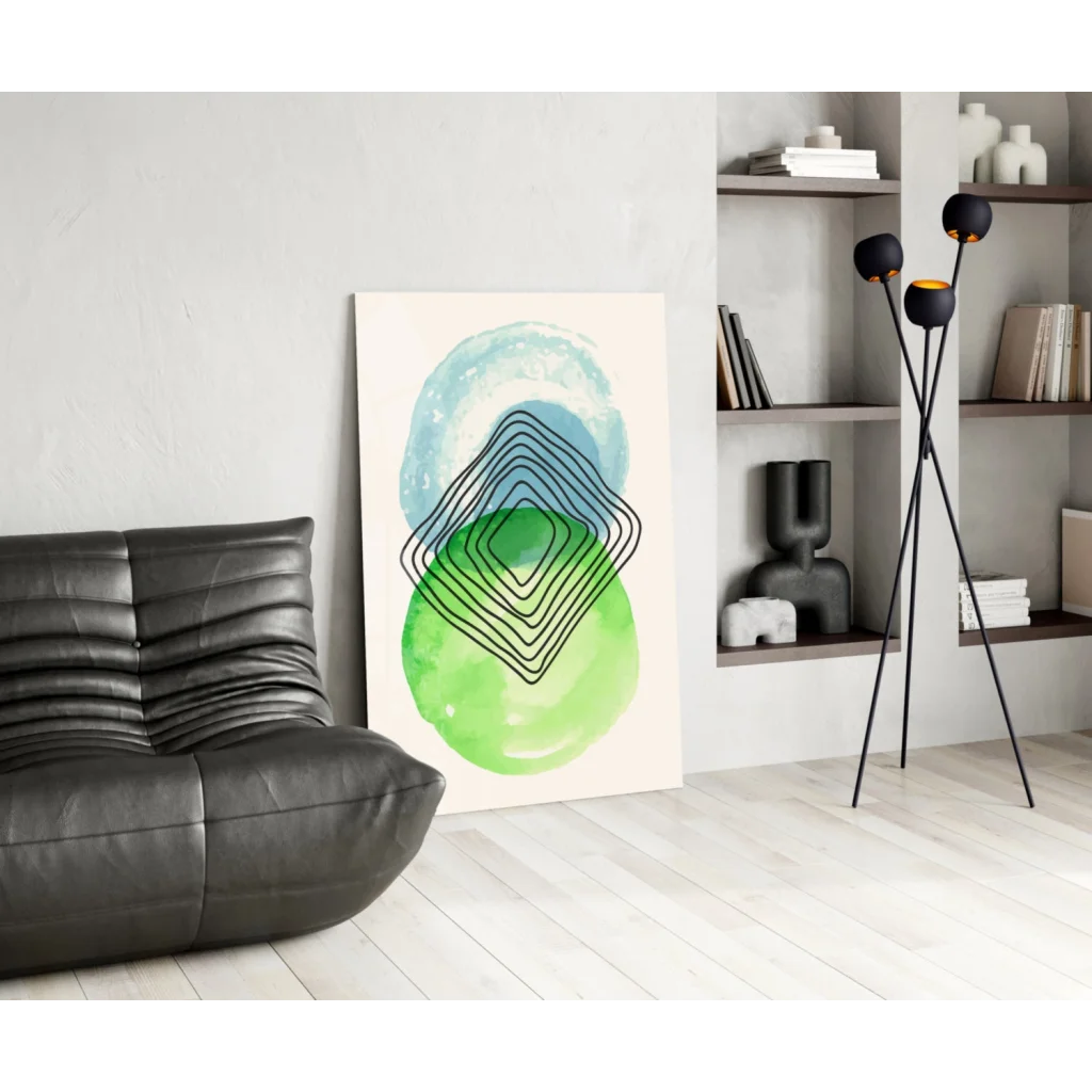 Modern teal watercolor circles glass wall art with black lines on cream