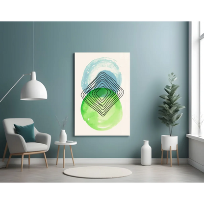 Teal watercolor circles glass wall art with black lines on cream