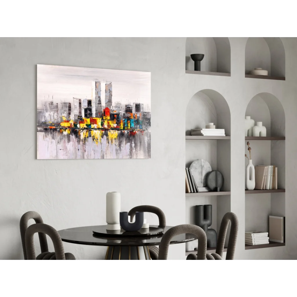 Bold abstract cityscape canvas wall art in vibrant yellow, orange, gray