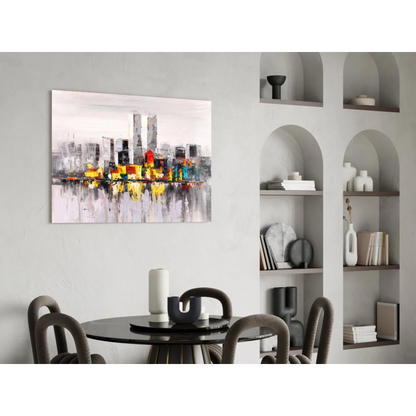 Bold abstract cityscape canvas wall art in vibrant yellow, orange, gray