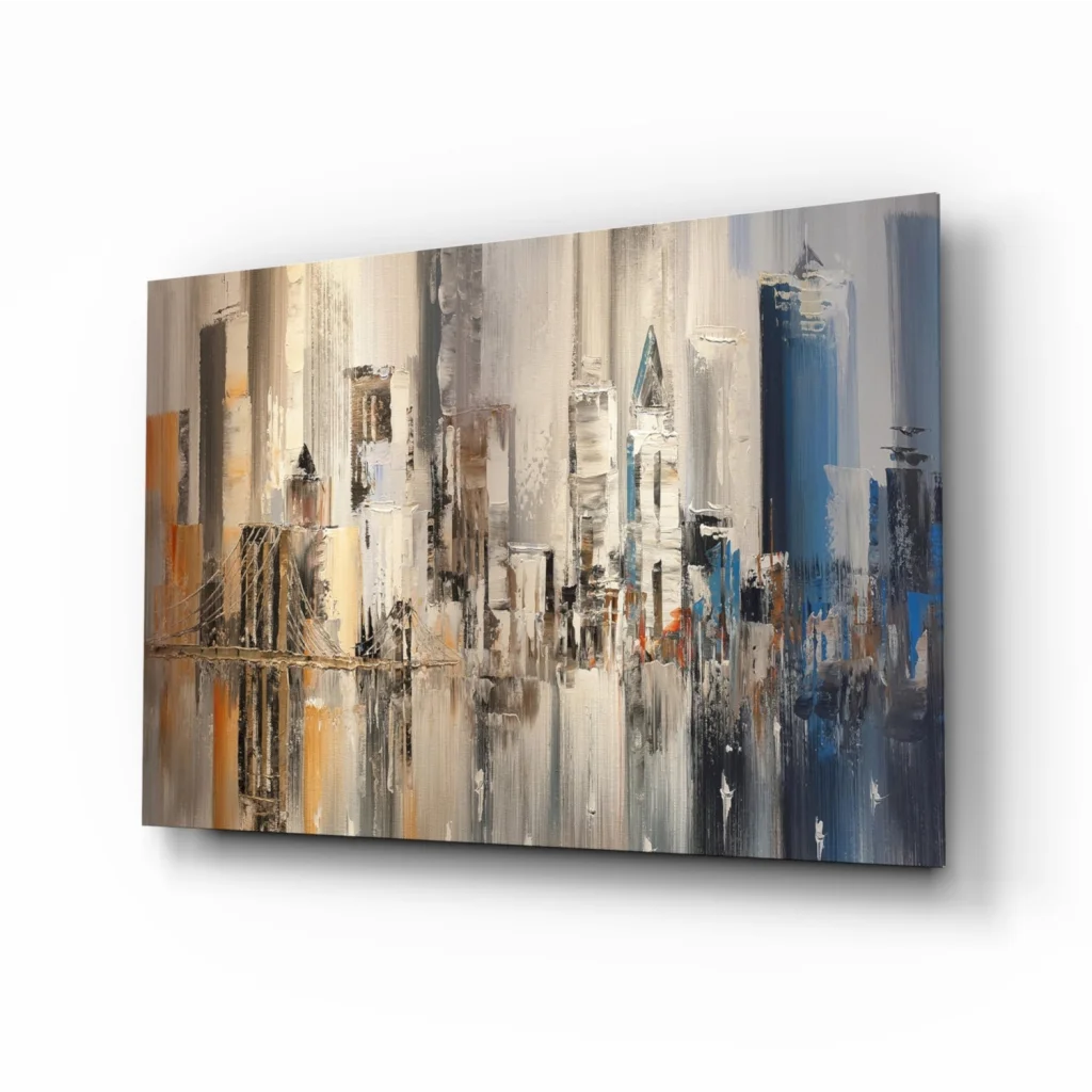 Abstract urban dreams textured canvas wall art in muted grays and blues