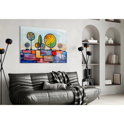 Vibrant geometric tree glass wall art in bold rainbow colors