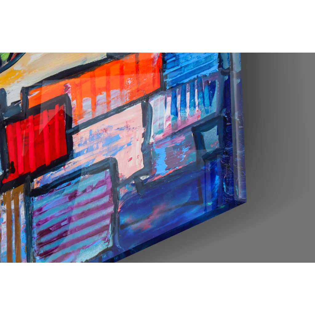 Vibrant geometric tree glass wall art in bold rainbow colors