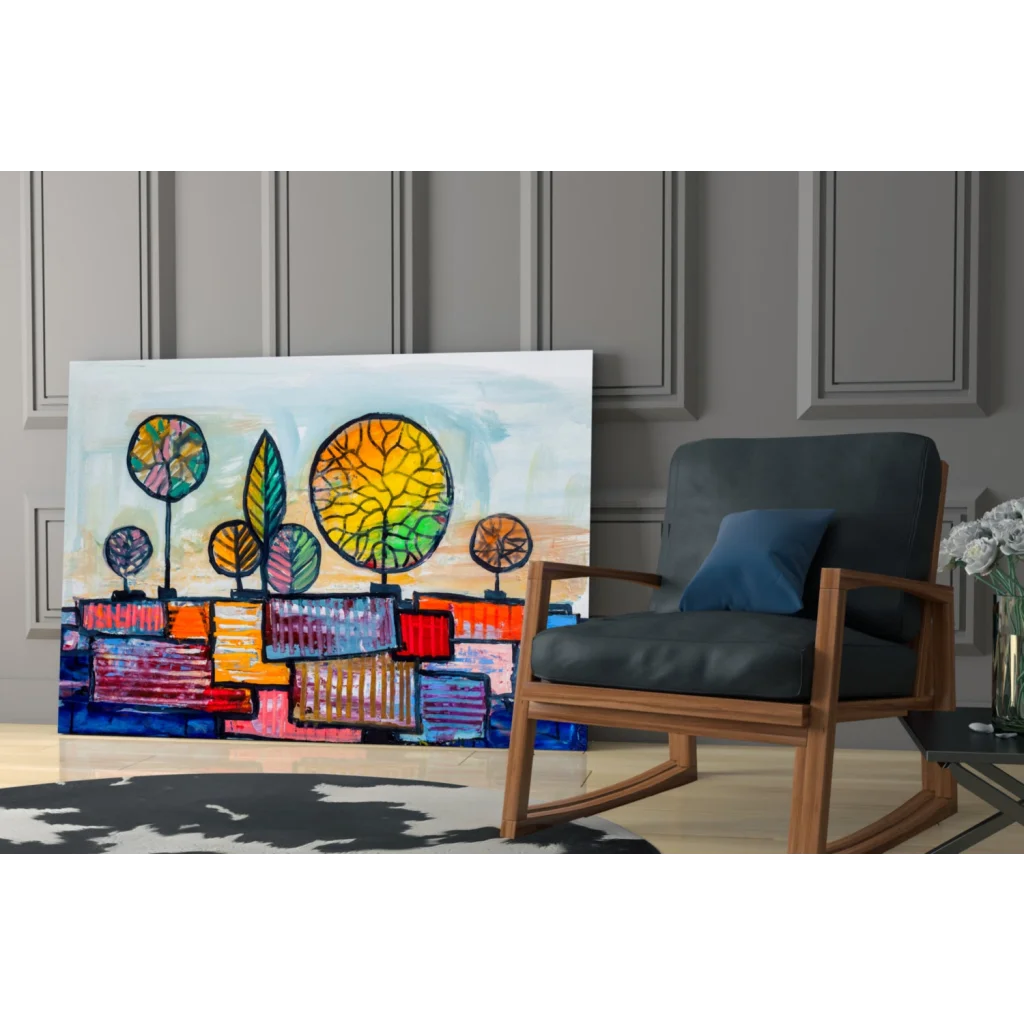 Vibrant geometric tree glass wall art in bold rainbow colors