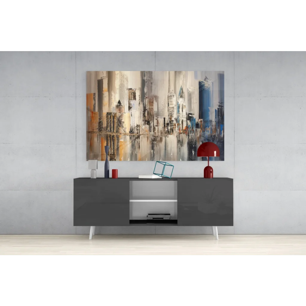 Abstract urban dreams textured canvas wall art in gray beige blue orange