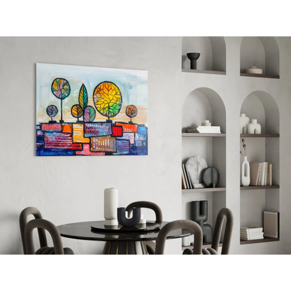 Vibrant geometric tree glass wall art in bold rainbow colors