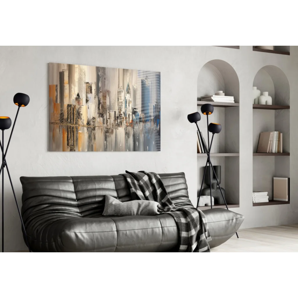 Sleek dark gray leather sofa in Urban Dreams wall art