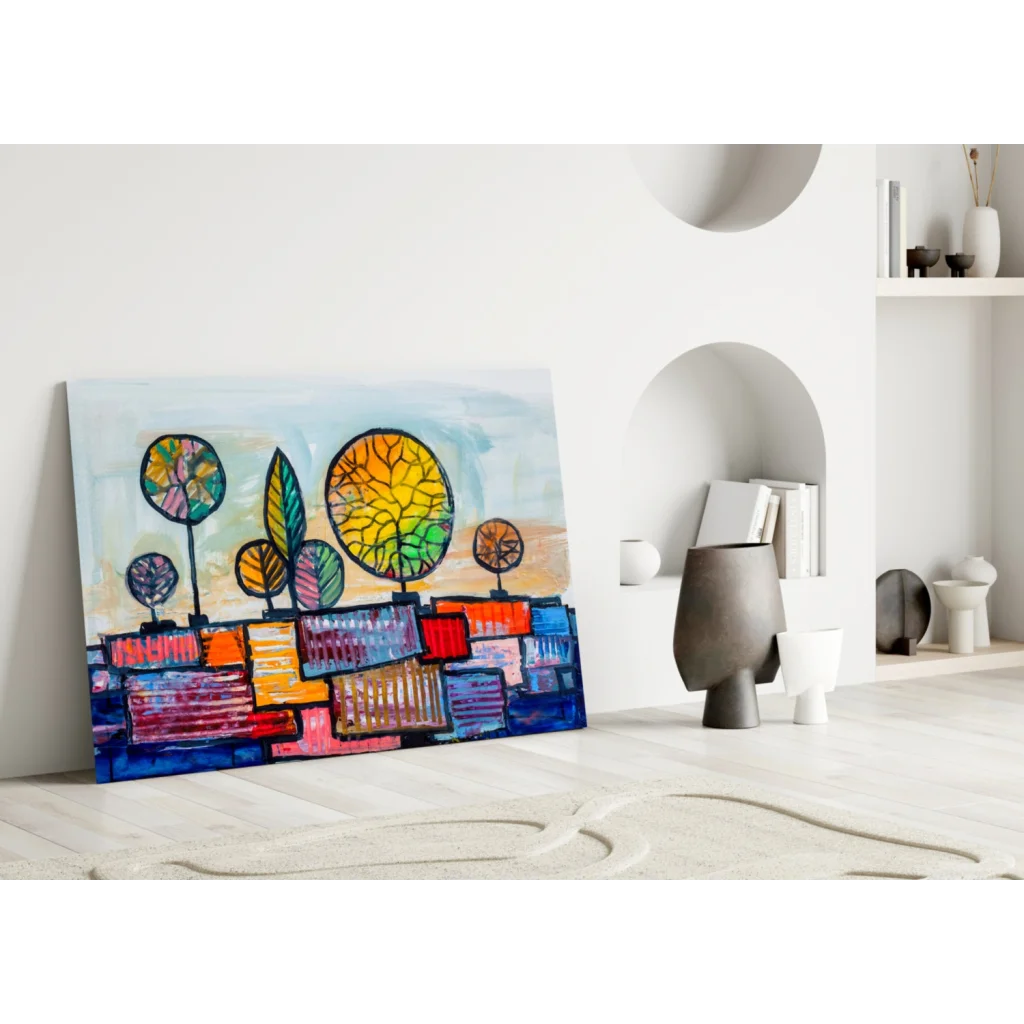 Vibrant geometric tree glass wall art in bold rainbow colors