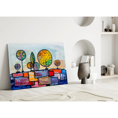 Vibrant geometric tree glass wall art in bold rainbow colors