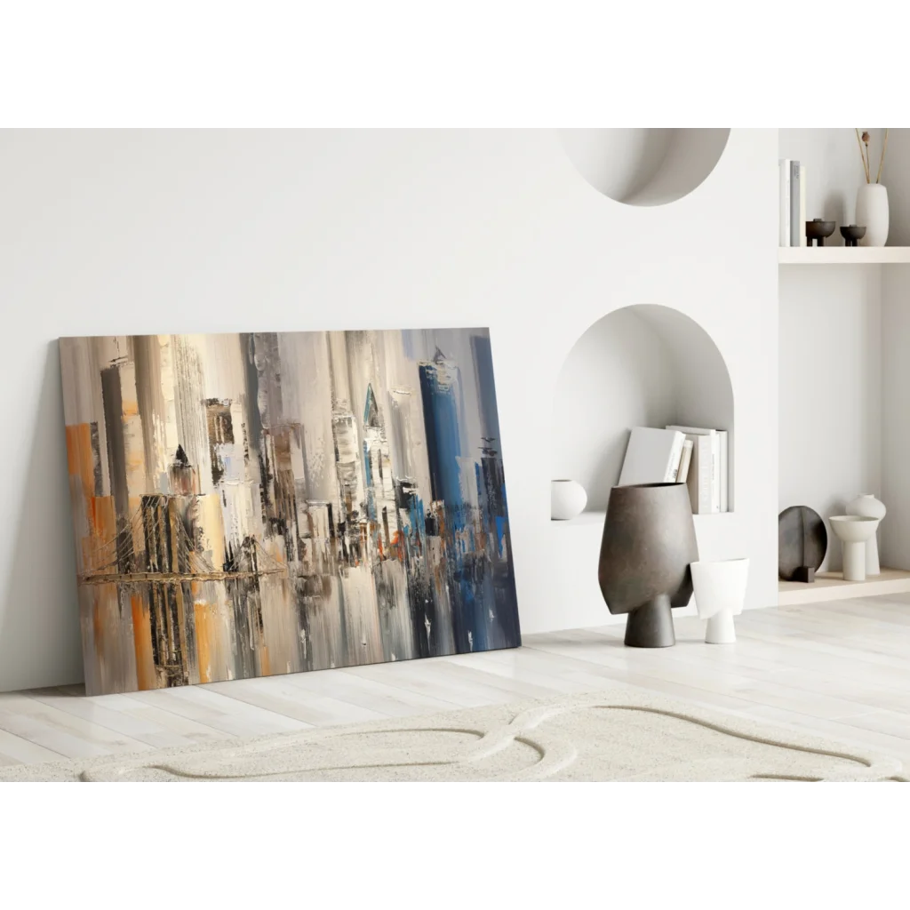 Abstract urban dreams textured canvas wall art in muted grays blues ochres