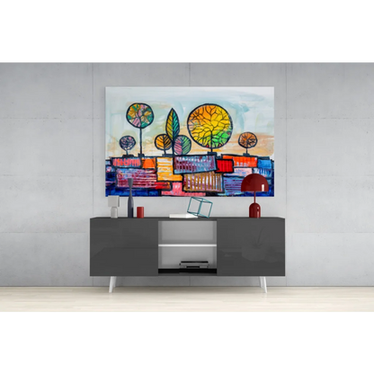 Vibrant geometric tree glass wall art in bold rainbow colors