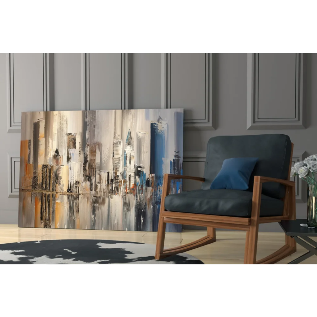 Abstract urban dreams canvas wall art in beige, gray, blue, orange hues