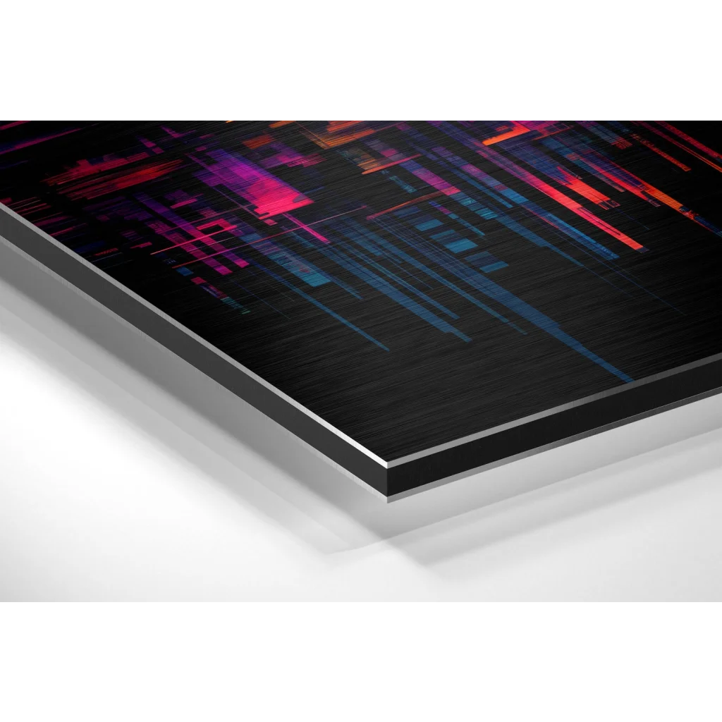 Vibrant neon cityscape on brushed aluminium dibond panel