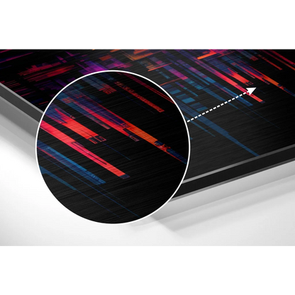 Sleek black-framed neon cityscape on brushed aluminium dibond print
