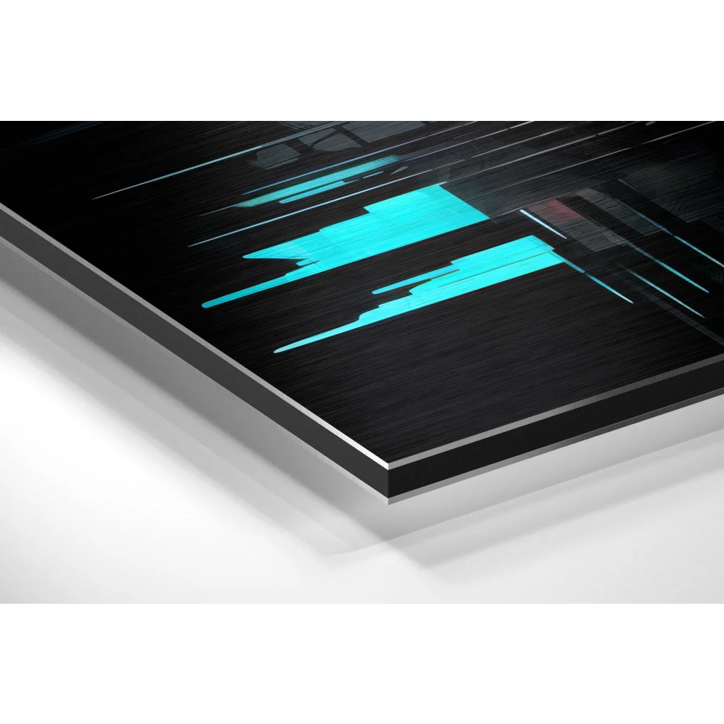 Sleek black framed neon cityscape on brushed aluminium dibond with teal geometric lines