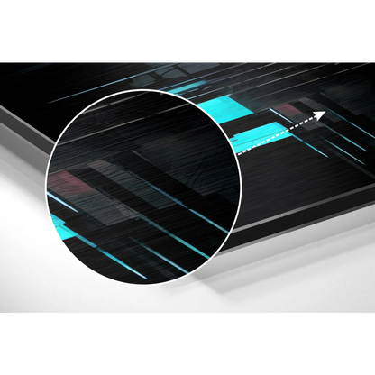 Sleek black and teal neon cityscape on brushed aluminium dibond print